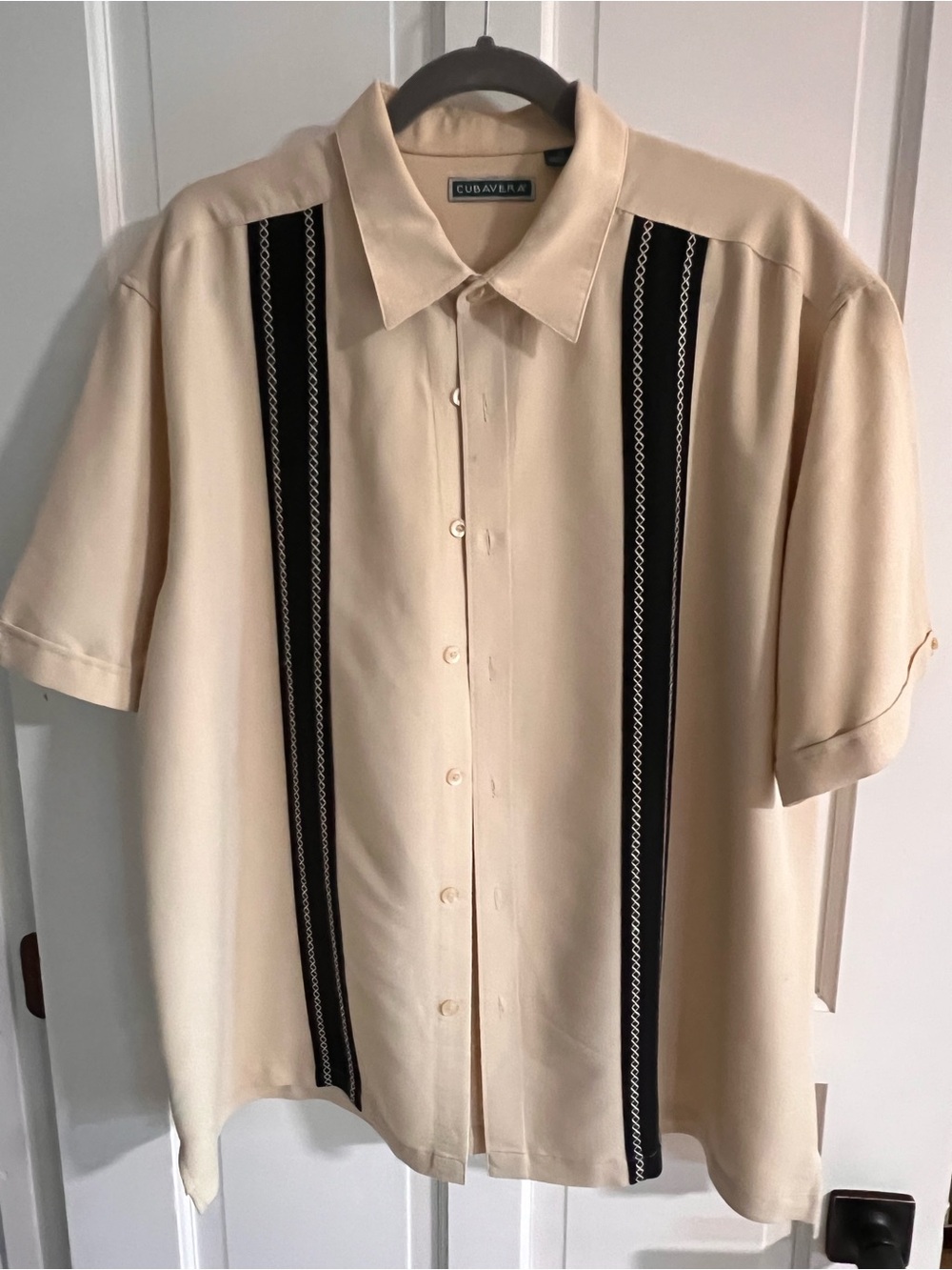 Cubavera Cream Short-Sleeve Button Down with Black Stripe Accents